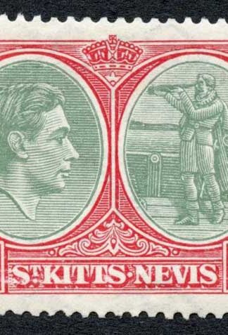 St Kitts-Nevis SG77 5/- Grey-green and Scarlet Perf 13x12 M/M Cat 65 pounds