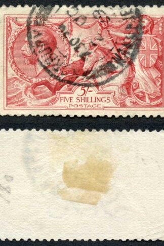 SG416 5/- Rose-red Bradbury used (corner crease) cat 135 pounds