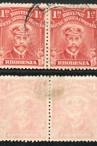 Rhodesia SG286 1d Aniline red (toned paper) Pair Cat 52 pounds