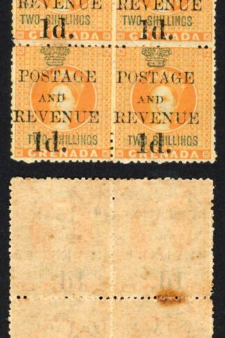 Grenada SG45 1d on 2/- orange Fresh Block of FOUR (tone patch) Cat 300++ pounds
