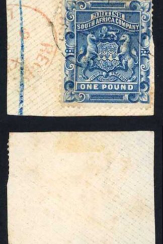 Rhodesia 1892-5 SG10 1 pound deep blue fine used on piece cat 170 pounds