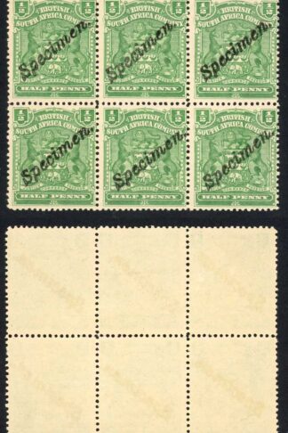 Rhodesia 1898-1908 SG76s 1/2d green Specimen handstamp block of 6 UM