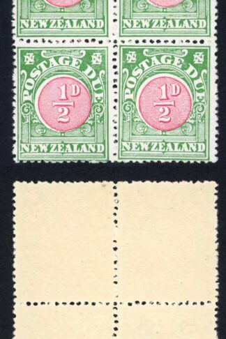 New Zealand P. Dues 1925 SGD26 1/2d P14x15 white gum block of 4 UM