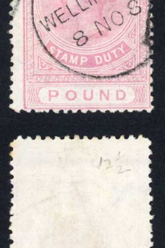 New Zealand Postal Fiscal 1882-1930 SGF33 1 pound rose-pink P12.5 VFU