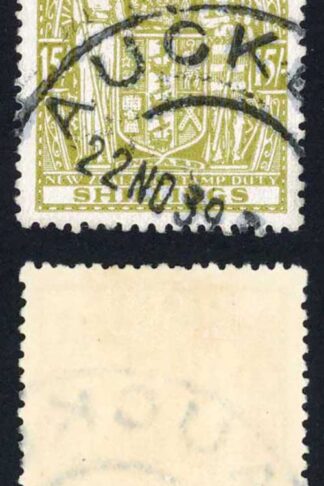 New Zealand Postal Fiscal 1931-40 SGF178 15s sage-green thin paper VFU