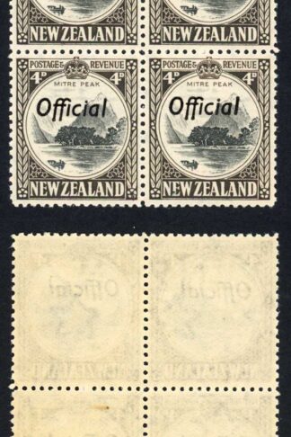 New Zealand Official 1936-61 SGO126b 4d black and sepia P12.5 block of 4 UM