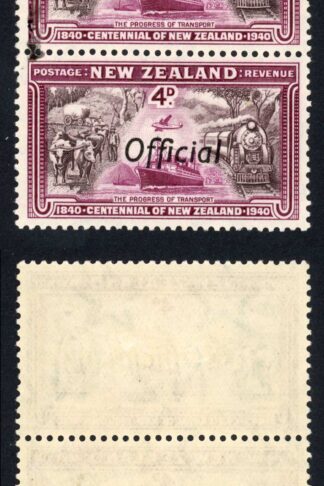 New Zealand Official 1940 SGO145a 4d Centennial JOINED ff in pair mint