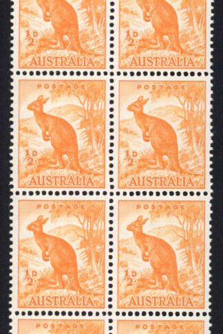 Australia SG228ca 1/2d Orange No Wmk Line to kangaroos Ear in U/M Block Cat 95+