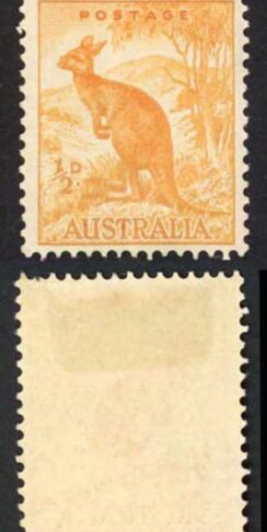 Australia SG228ca 1/2d Orange No Wmk Coil Strip inc Line to kangaroos Ear