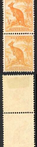 Australia SG228ca 1/2d Orange No Wmk Coil Strip inc Line to kangaroos Ear