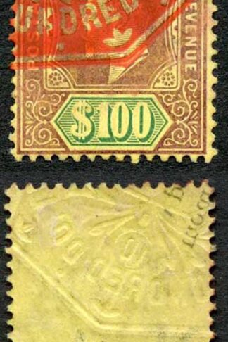 Straits Settlements SG140 KEVII 100 dollars Wmk Mult Crown CA Red Fiscal Cancel