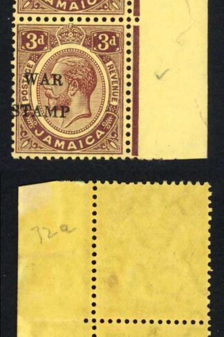 Jamaica SG75a 3d Deep Purple/yellow Opt Misplaced 3 with No Stop after Stamp