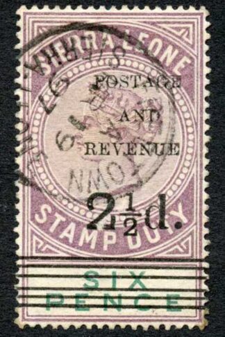 Sierra Leona SG59 2 1/2d (type 8) on 6d Dull purple and Green CDS Cat 23 pounds