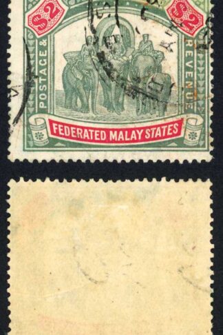 Malay SG78 2 dollar Green and carmine Wmk Script Cat 110 pounds