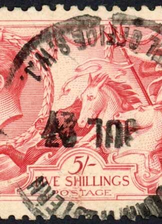 SG416 5/- Rose-red Bradbury Seahorse Fine used Cat 135 pounds