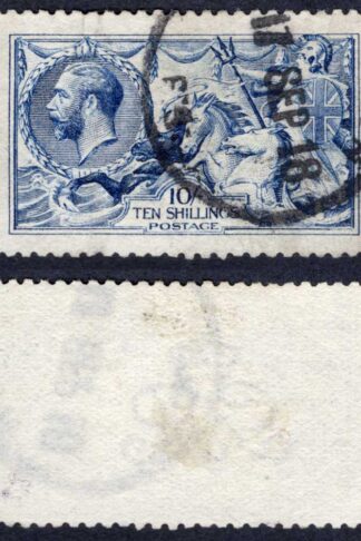 SG412 10/- Blue (worn plate) DLR Seahorse Fine used Cat 900 pounds