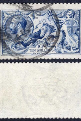 SG412 10/- Blue (worn plate) DLR Seahorse Fine used Cat 900 pounds