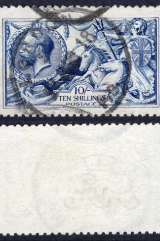 SG412 10/- Blue (worn plate) DLR Seahorse Fine used Cat 900 pounds
