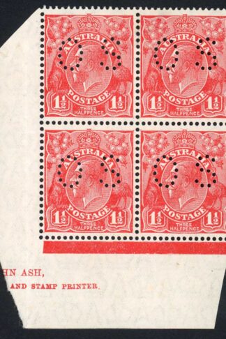Australia 1926-30 SG O100 1 1/2d scarlet P 13 1/2 x 12 1/2 mint block of 4