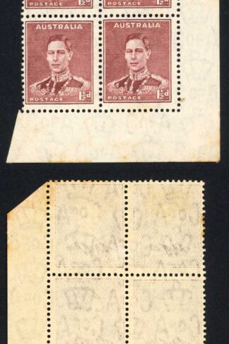 Australia 1937-49 SG 166 1 1/2d maroon corner block with stamp out of alignment