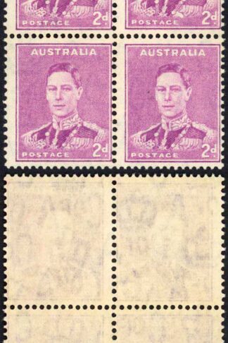 Australia 1937-49 SG 185b 2d bright purple P14x15 MEDAL FLAW in block of 4 UM