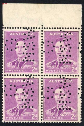 Australia 1937-49 SG 185b 2d bright purple P14x15 MEDAL FLAW in block of 4 VFM