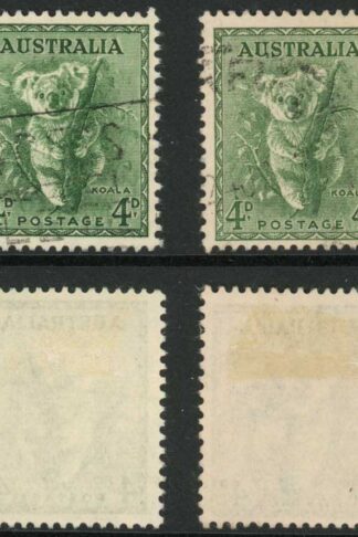 Australia 1948-56 SG 230a 4d green no wmk SPOT below TOP BORDER used
