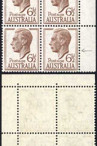 Australia 1951-2 SG 237a 6 1/2d brown RE-ENTRIES in corner block of 4 UM