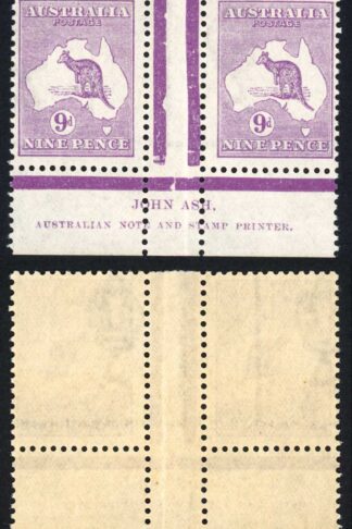 Australia 1929-30 SG 108 9d violet Kangaroo John Ash gutter imprint pair UM