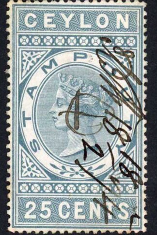 Ceylon Stamp Duty BF35 25c deep grey (crease) wmk CA