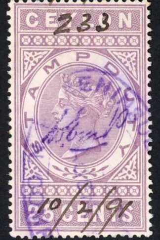 Ceylon Stamp Duty BF49 20c Lilac wmk CA MINT