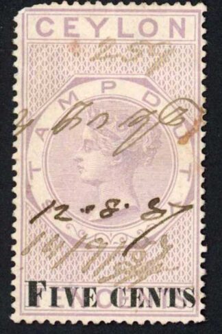 Ceylon Stamp Duty BF67 5c on 10c lilac wmk CA