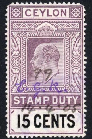 Ceylon Stamp Duty BF98 15c lilac and Black wmk CA