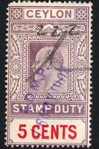 Ceylon Stamp Duty BF108 5c Lilac and Red wmk Mult Crown CA