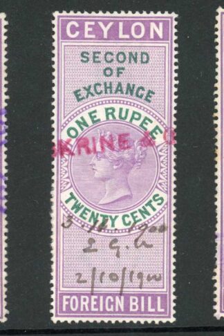Ceylon Foreign Bill BF29 1r25c Violet and Green 1st 2nd and 3rd Exchange