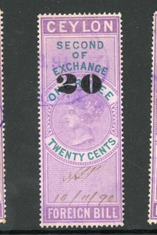 Ceylon Foreign Bill BF51 20 on 1r20 Violet and Green 1st 2nd and 3rd Exchange