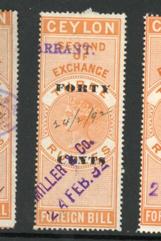 Ceylon Foreign Bill BF44 40c on 3r Orange 1st 2nd and 3rd Exchange
