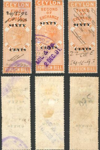 Ceylon Foreign Bill BF46 60c on 3r Orange 1st 2nd and 3rd Exchange RARE
