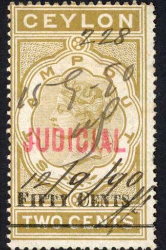 Ceylon Judicial BF57 50c on 2c greenish-brown