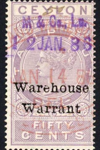 Ceylon Warehouse Warrant BF10 50c overprint type A