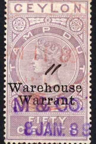 Ceylon Warehouse Warrant BF11 50c overprint type B