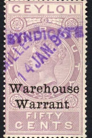Ceylon Warehouse Warrant BF11 50c overprint type B