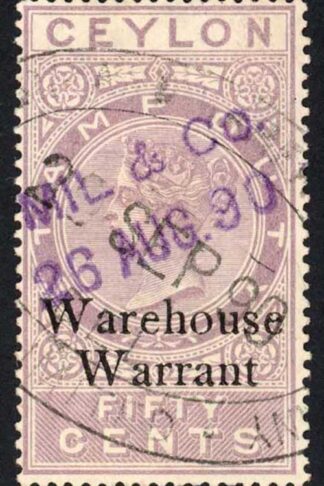 Ceylon Warehouse Warrant BF12 50c overprint type C