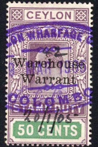 Ceylon Warehouse Warrant BF15 KEVII 50c Wmk Crown CA