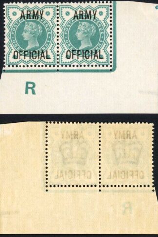 SGO42 1/2d blue-green ARMY OFFICIAL CONTROL R (E) PAIR U/M Cat 300 (as mounted)