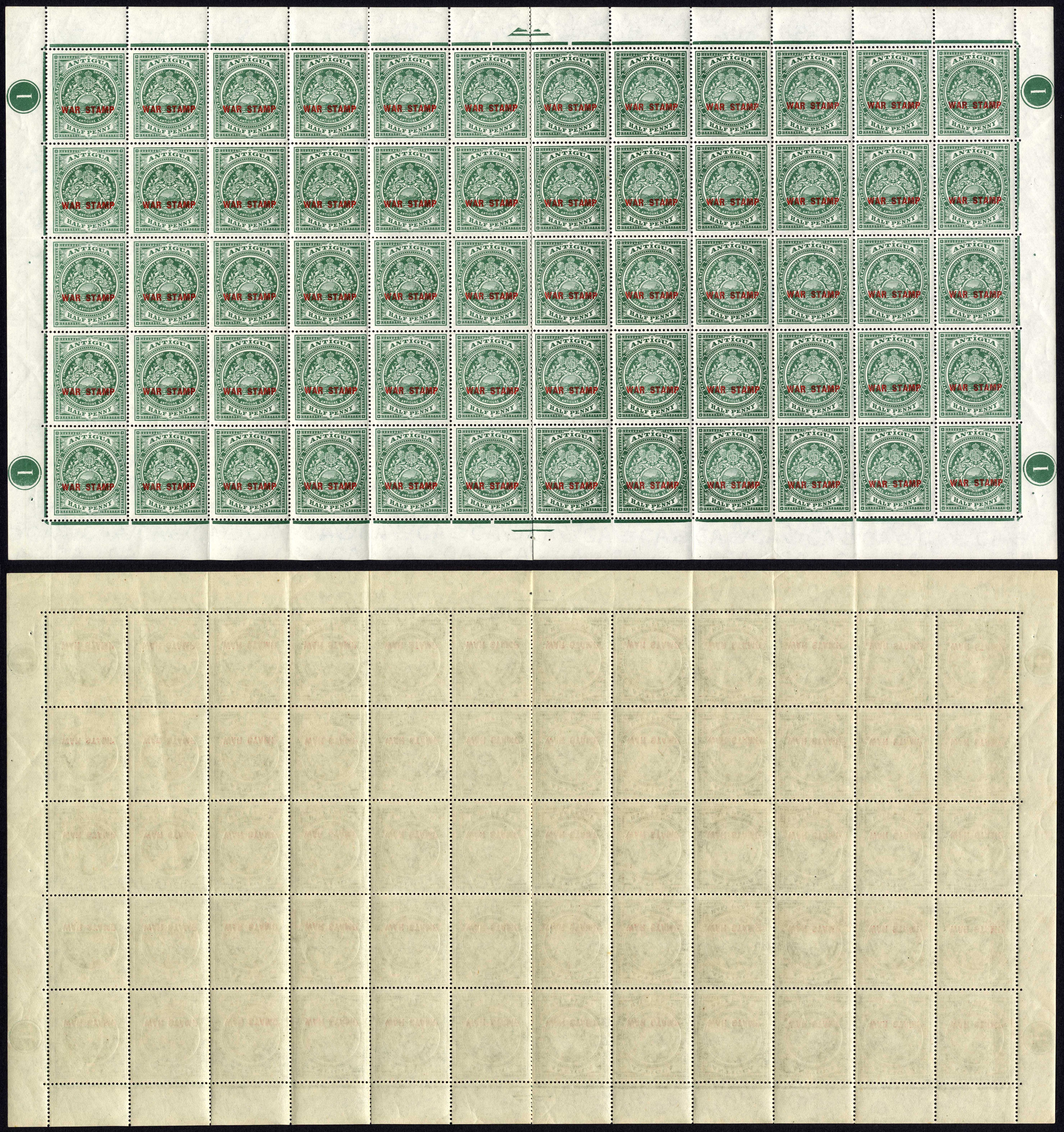 Antigua SG53 1/2d War Stamp Complete Sheet of 60 U/M Cat 135 pounds