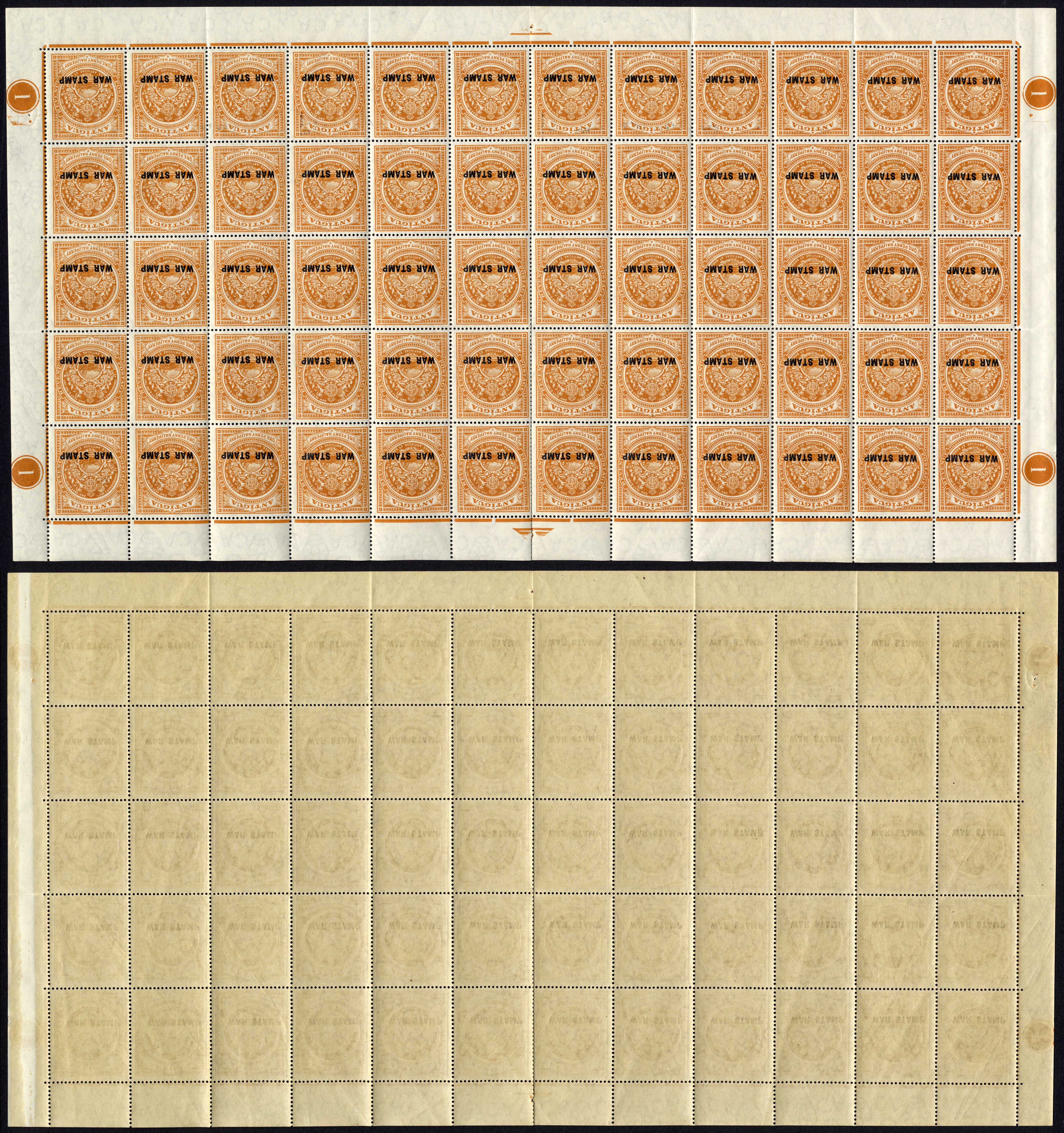 Antigua SG54 1 1/2d War Stamp Complete Sheet of 60 U/M Cat 180 pounds