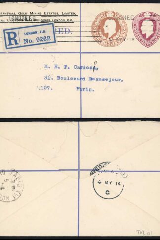 Transvaal 1914 regd stat env to Paris from Transvaal Gold Mining Estates London