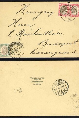Transvaal 1903 cover to Hungary 2 1/2d rate JOHANNESBURG postmarks