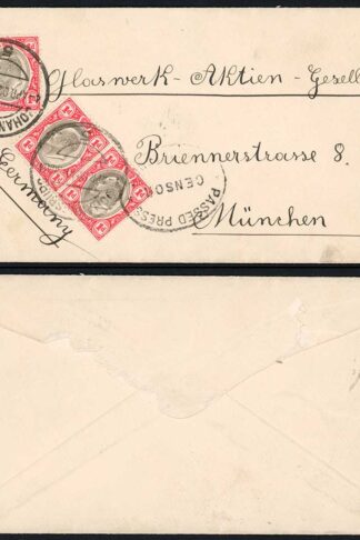 Transvaal 1902 censored cover to Germany 3d rate JOHANNESBURG postmarks